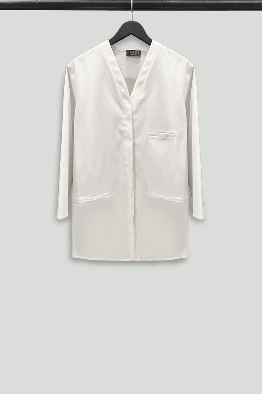 White Cotton Collarless Jacket With Welt Pockets