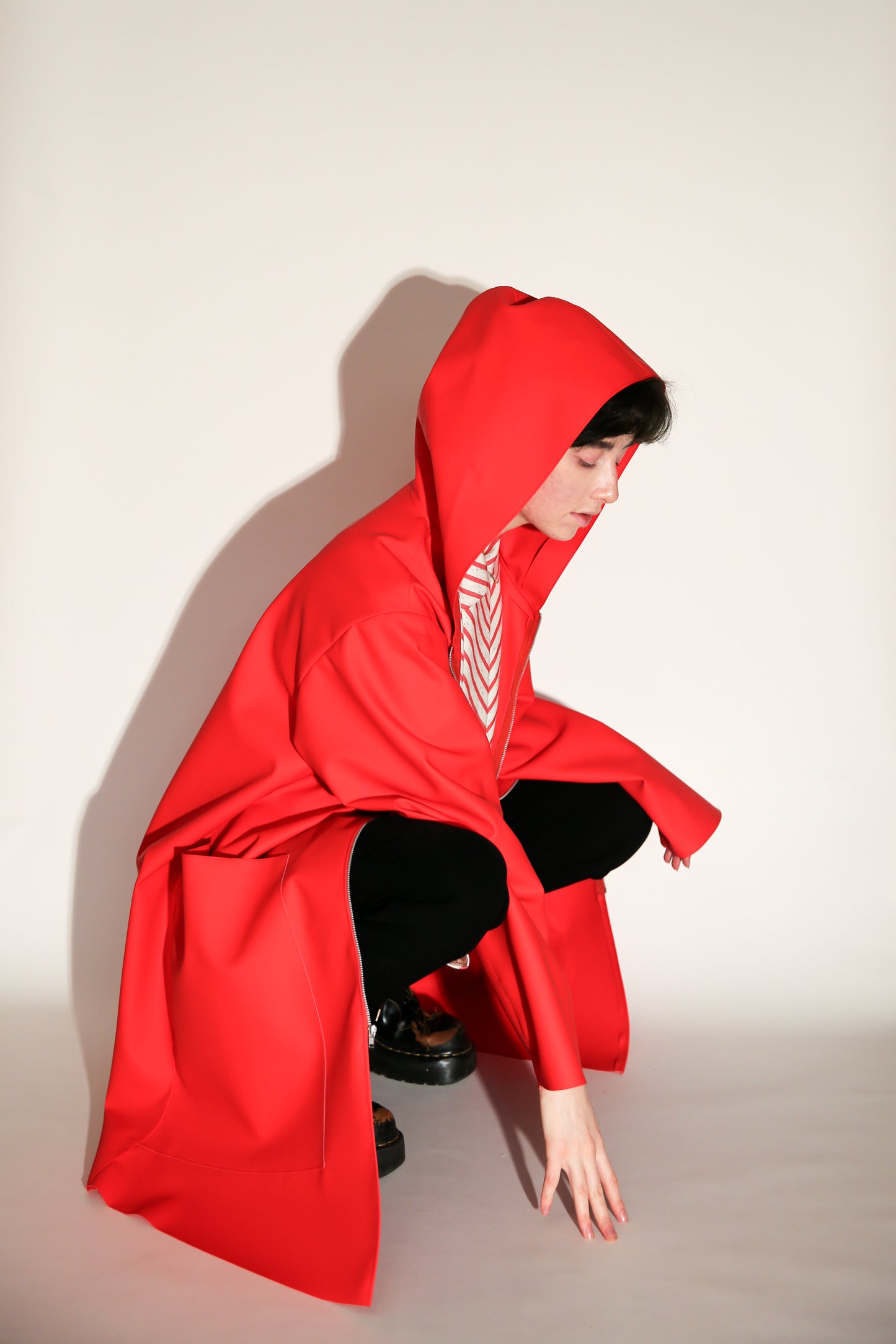 Cadmium Red Zip Front Hooded Rain Jacket in Water-Repellent Fabric