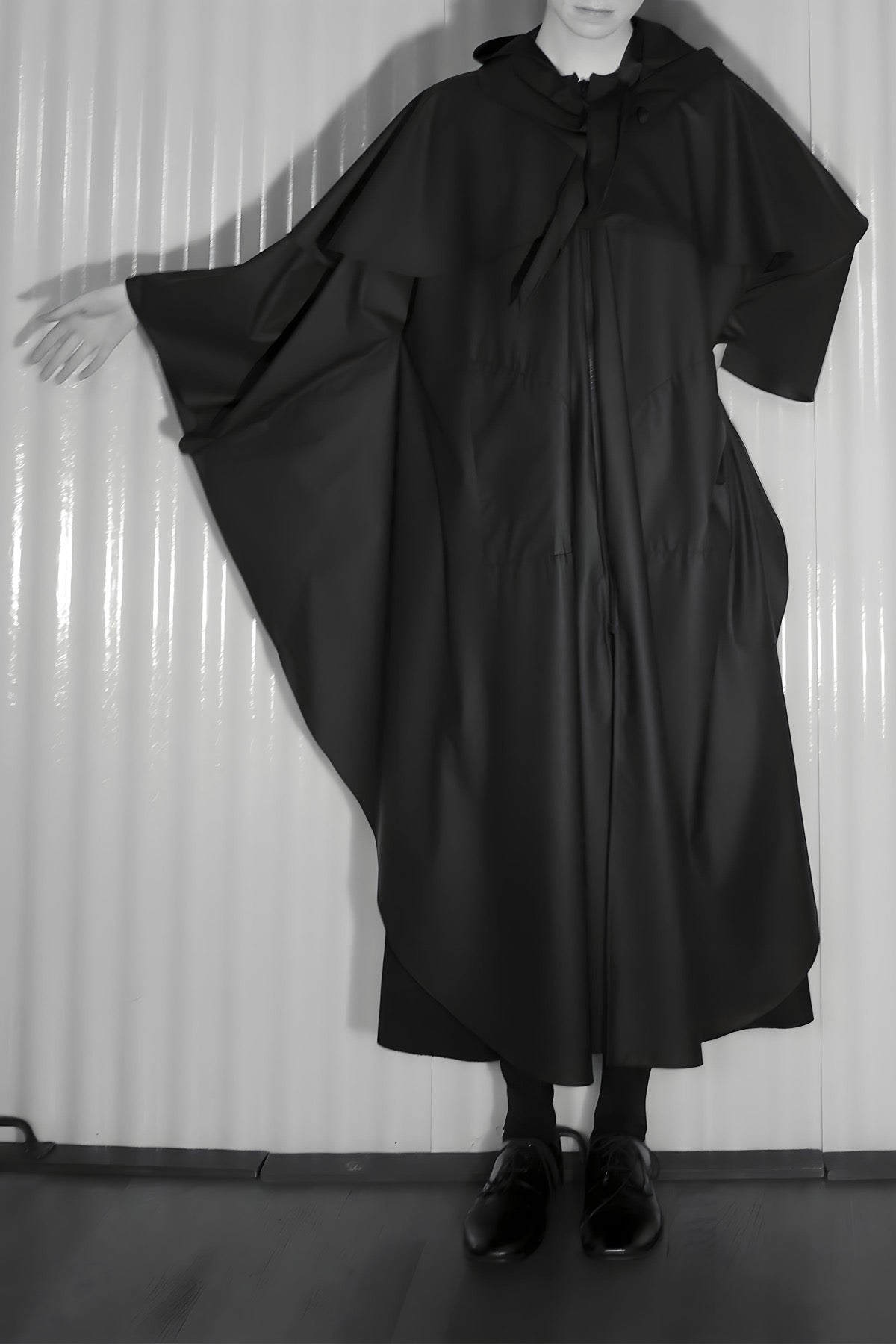 Black Zip Front Hooded Capelet Raincoat