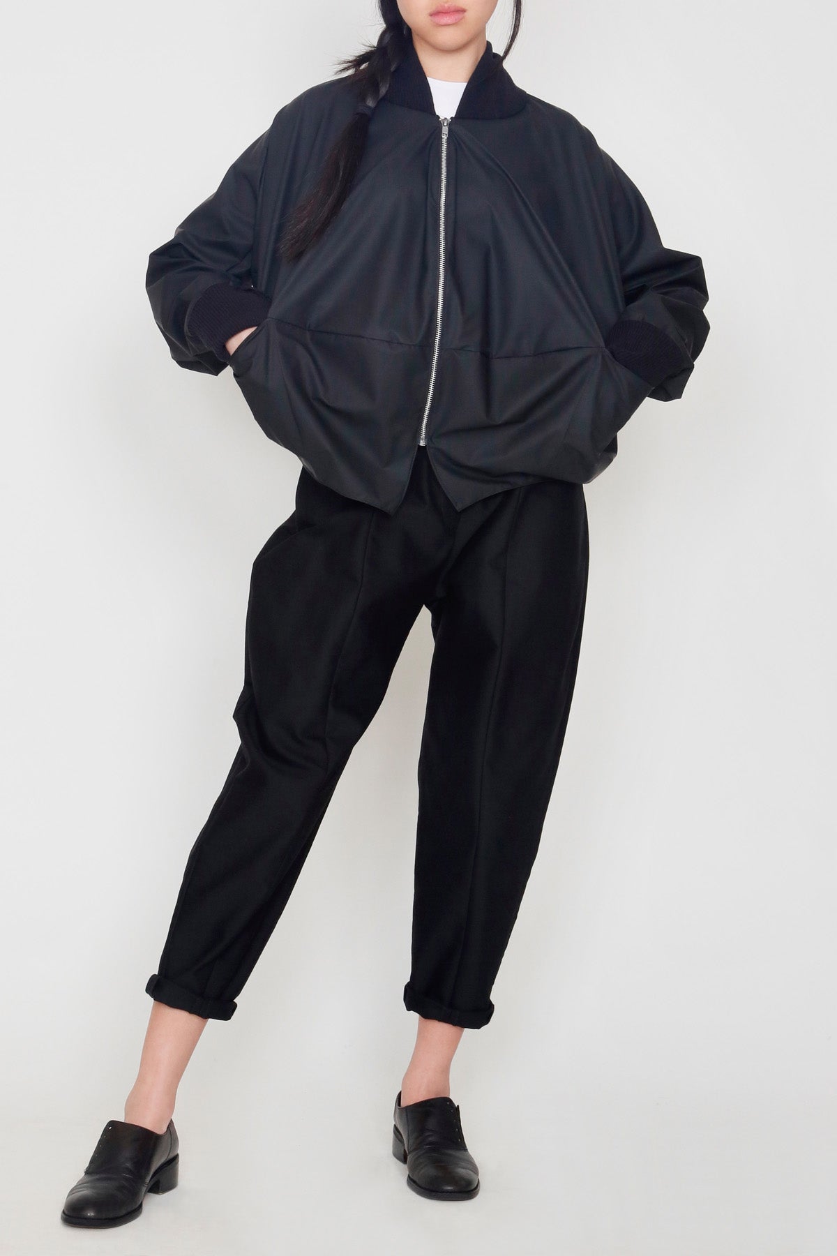 Black Matte Rainwear Bubble Jacket with Ribbing Collar and Cuffs