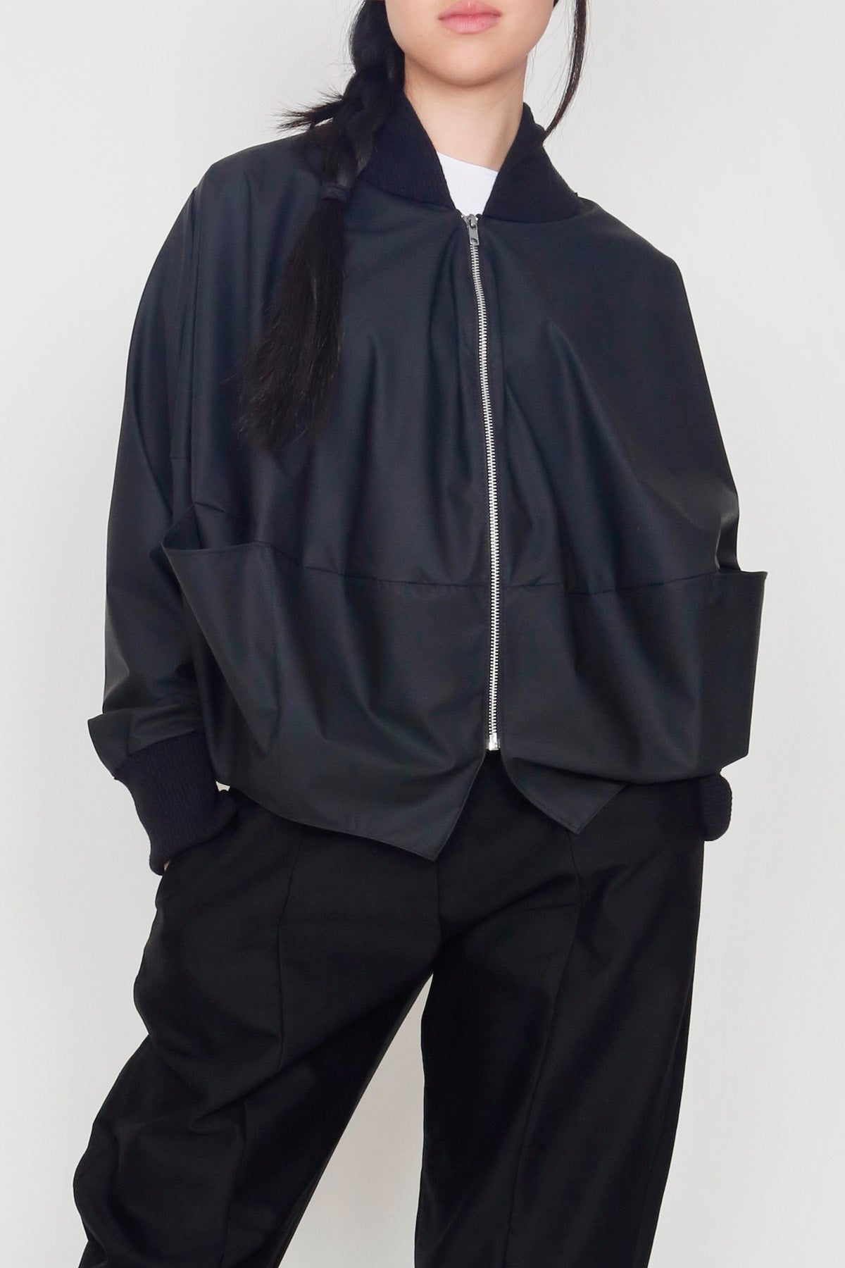 Black Matte Rainwear Bubble Jacket with Ribbing Collar and Cuffs
