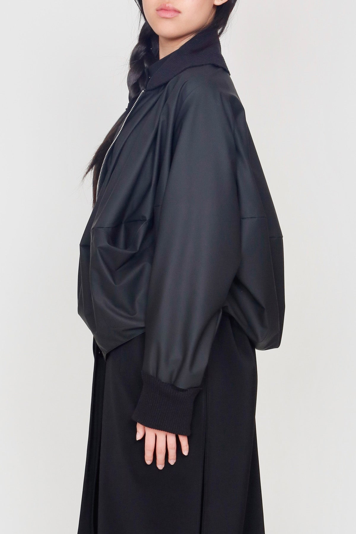 Black Matte Rainwear Bubble Jacket with Ribbing Collar and Cuffs