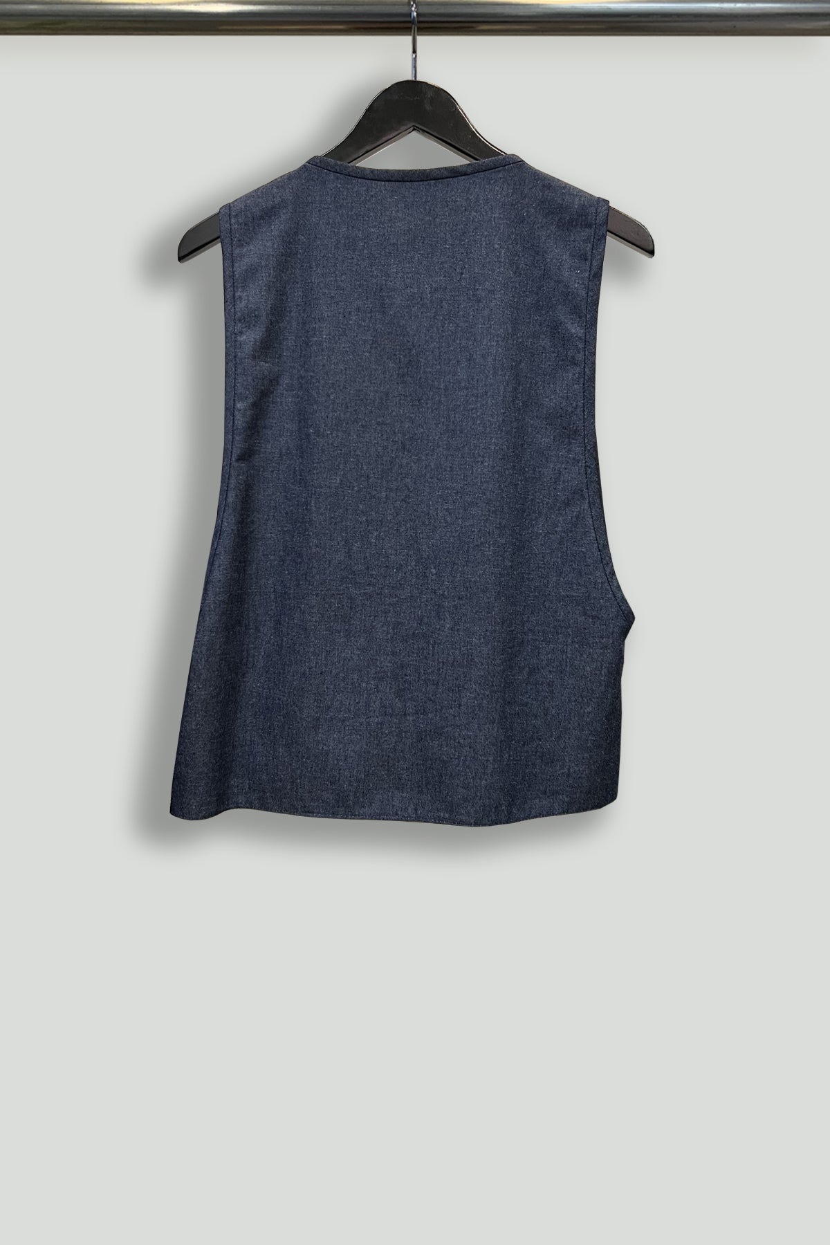 Lightweight Denim Drop-Armhole Tank with Sheer Striped Silk Front Panel-Back Hanger