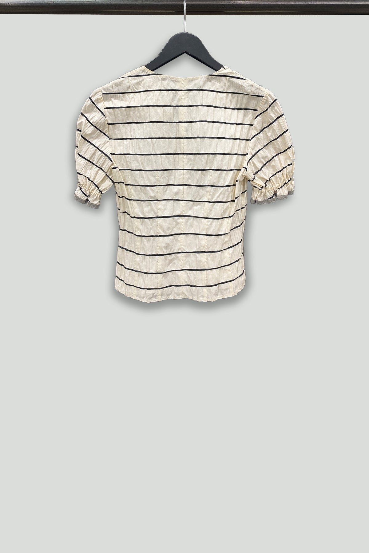 Cream and Black Striped Crinkle Cotton Ruffle Short Sleeve Top