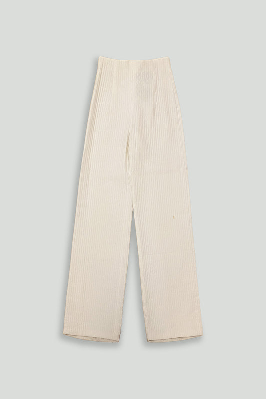 Cream Wale Cotton Wide High-Waisted Pant