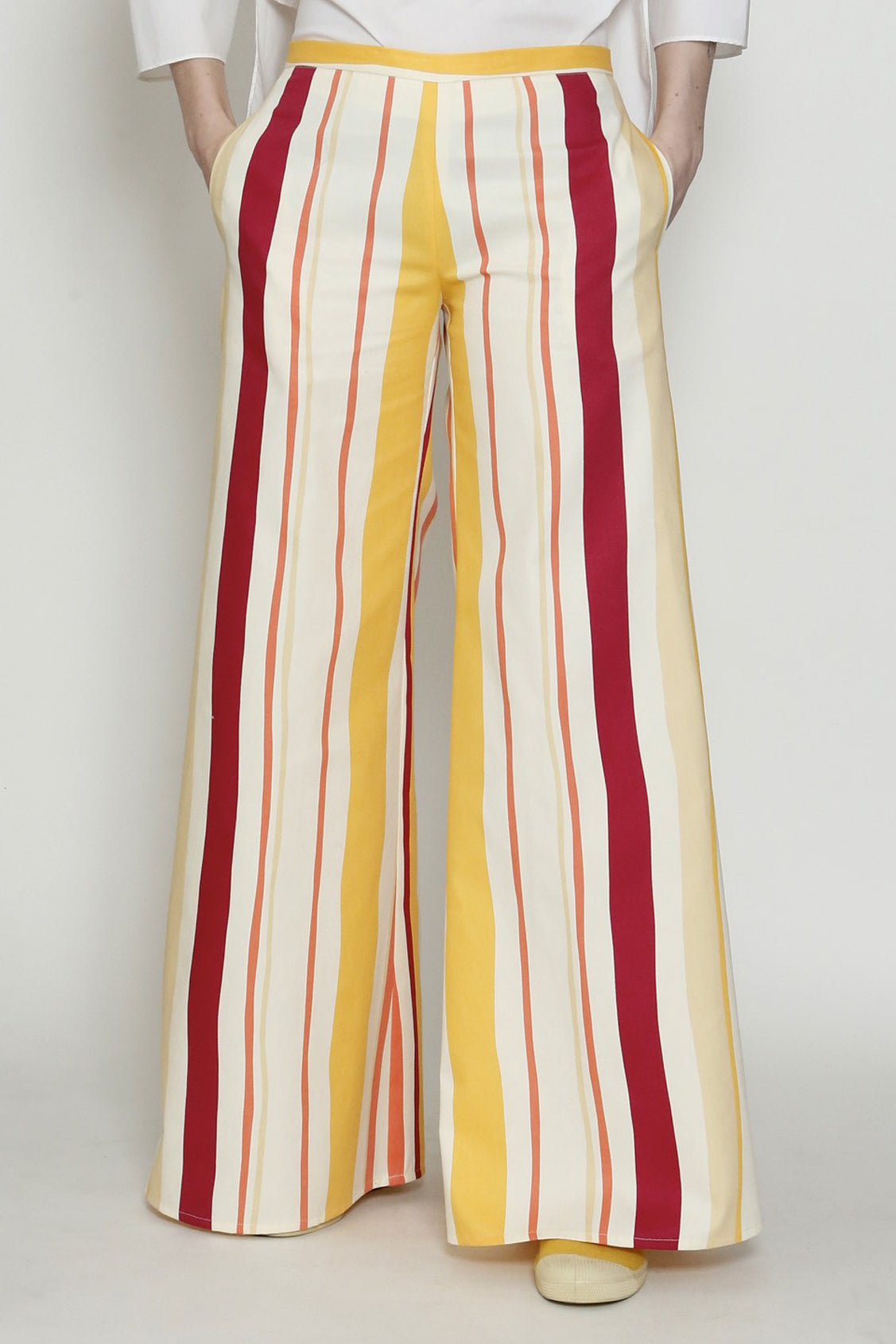Multi Stripe Cotton Print Back Zip Flared Pant