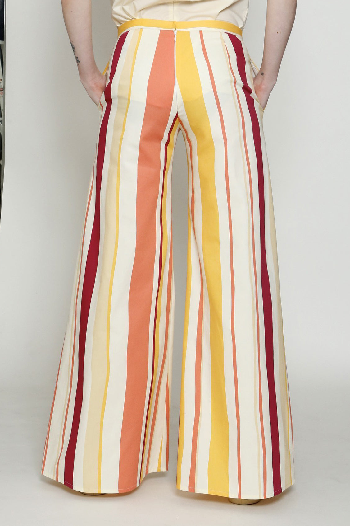 Multi Stripe Cotton Print Back Zip Flared Pant