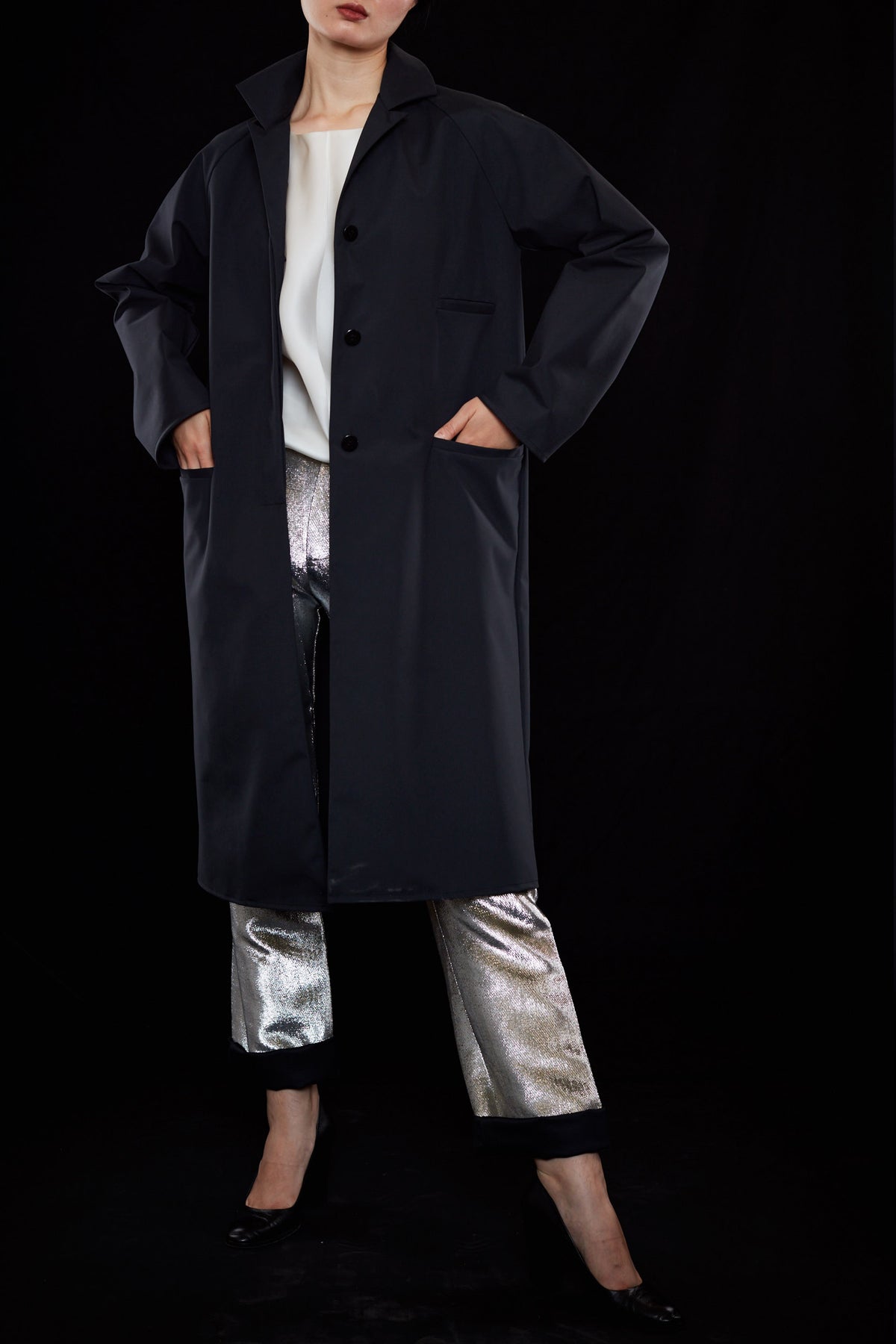 Bonded Nylon Three Pocket Trench Coat