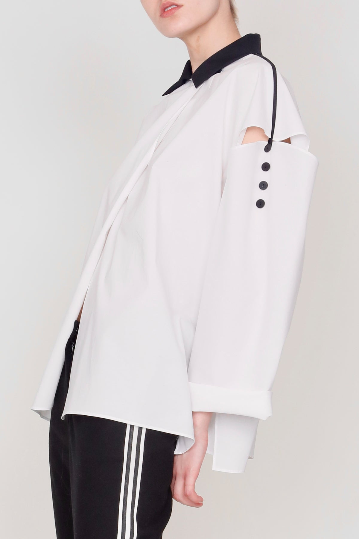 White and Black Paper Cotton Crop Big Shirt with Buttoned Slashed Sleeves-2
