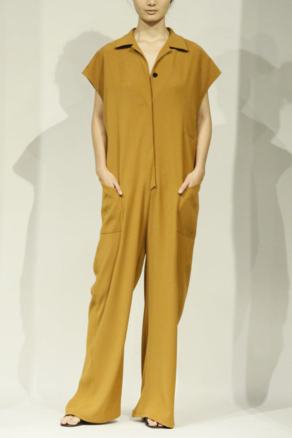 Smart Gabardine Turmeric Sleeveless Pocket Jumpsuit with Elastic Back