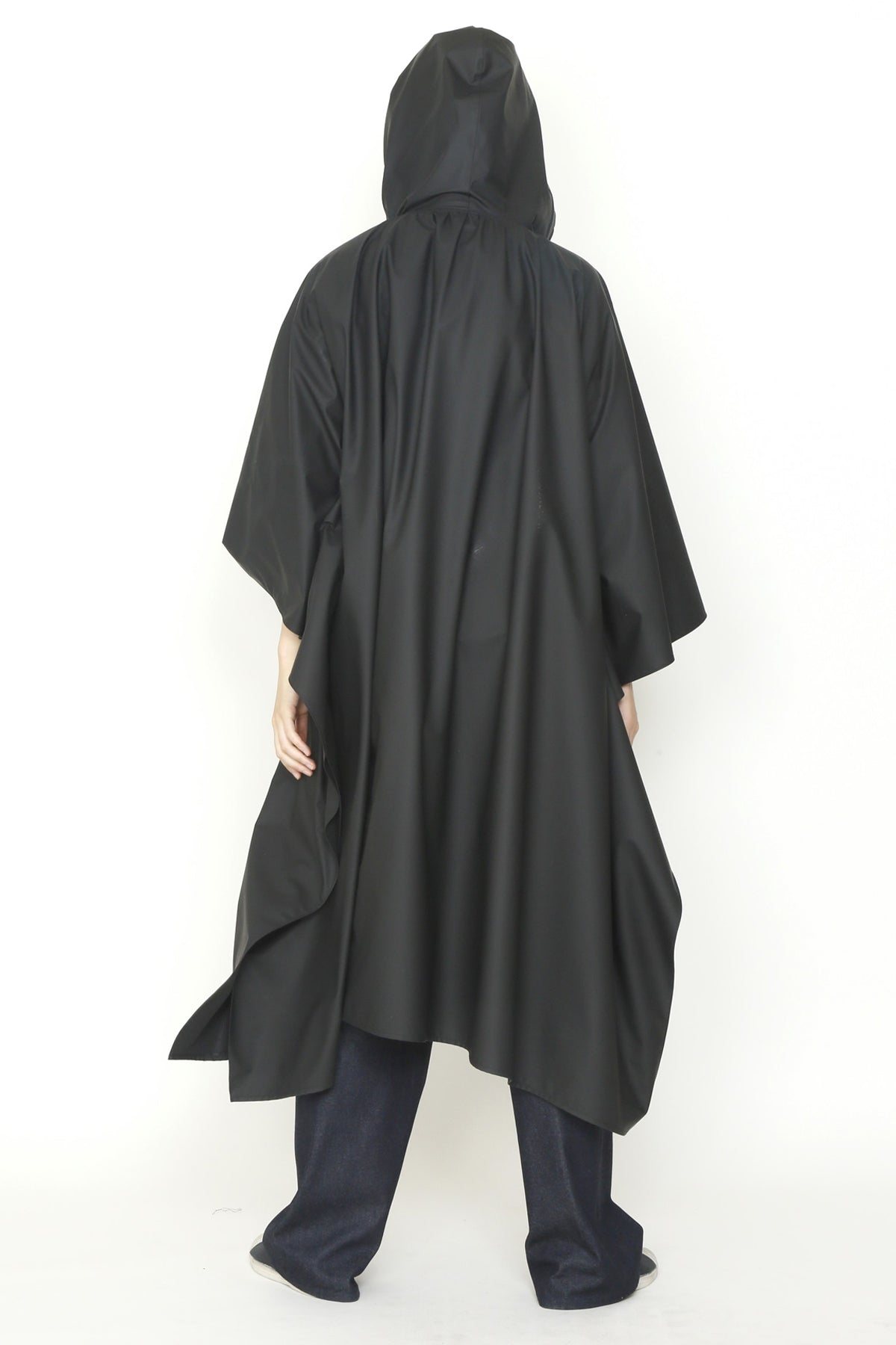 Black Matte Rainwear Zero-Waste Square Hem Hooded Zip Front Cape-4