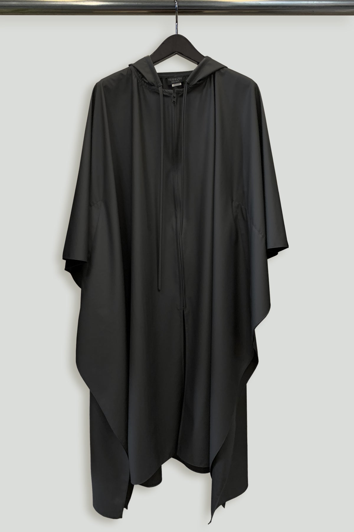 Black Matte Rainwear Zero-Waste Square Hem Hooded Zip Front Cape-Hanger