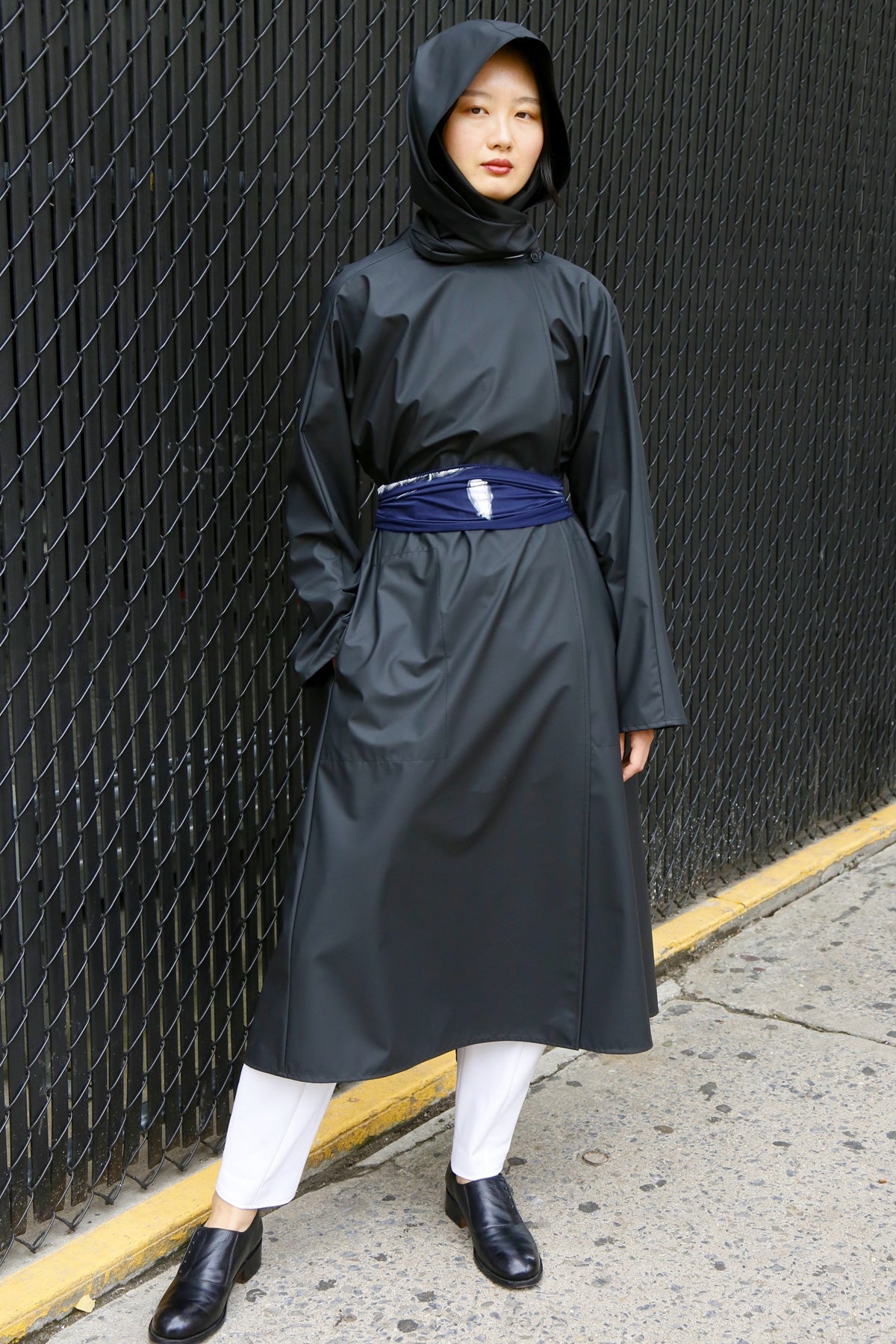 Water-Repellent Long Sweep Raincoat with Scarf Hood and Pockets-3