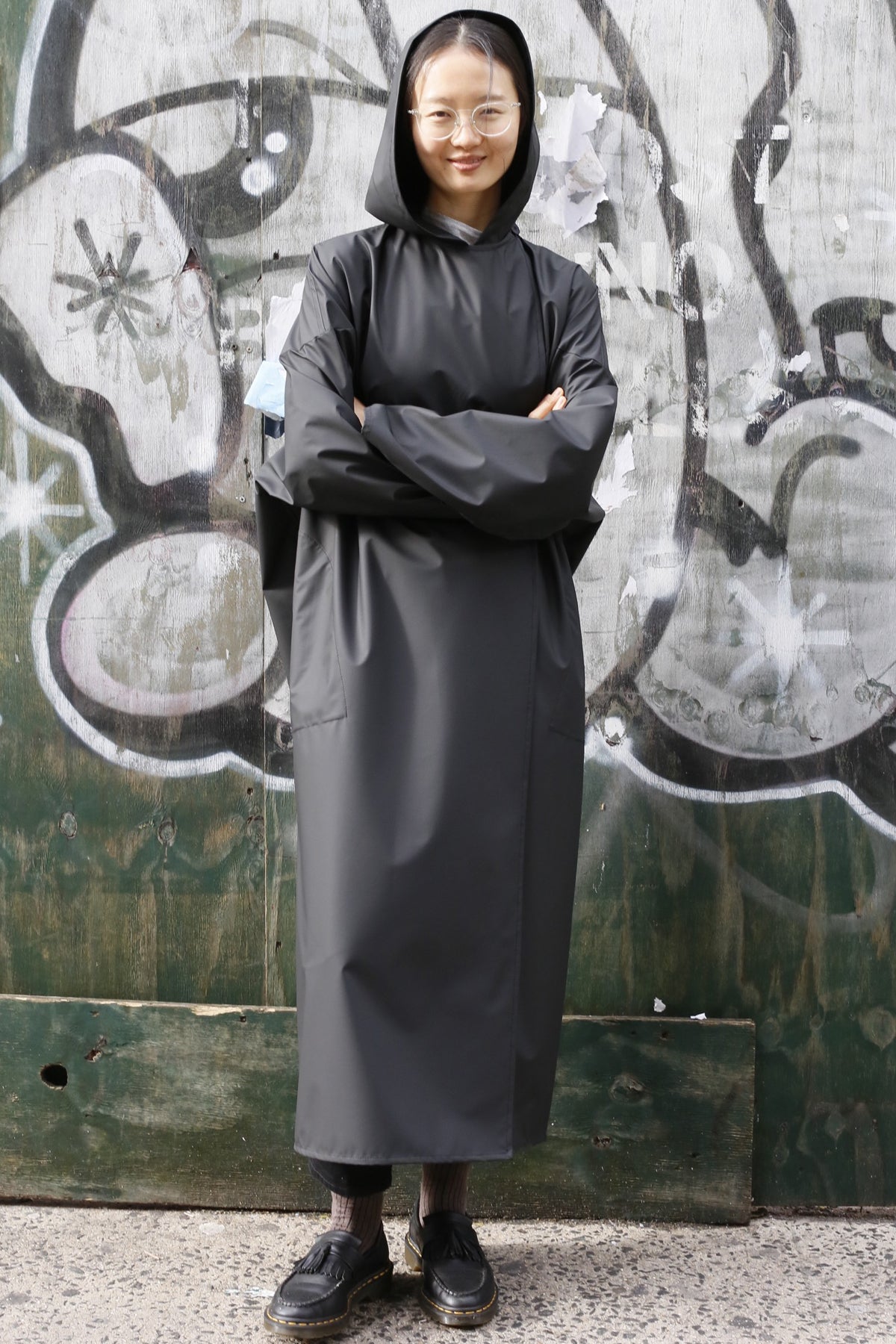 Black Water-Repellent Oversized Hooded Drop Shoulder Long Raincoat-3