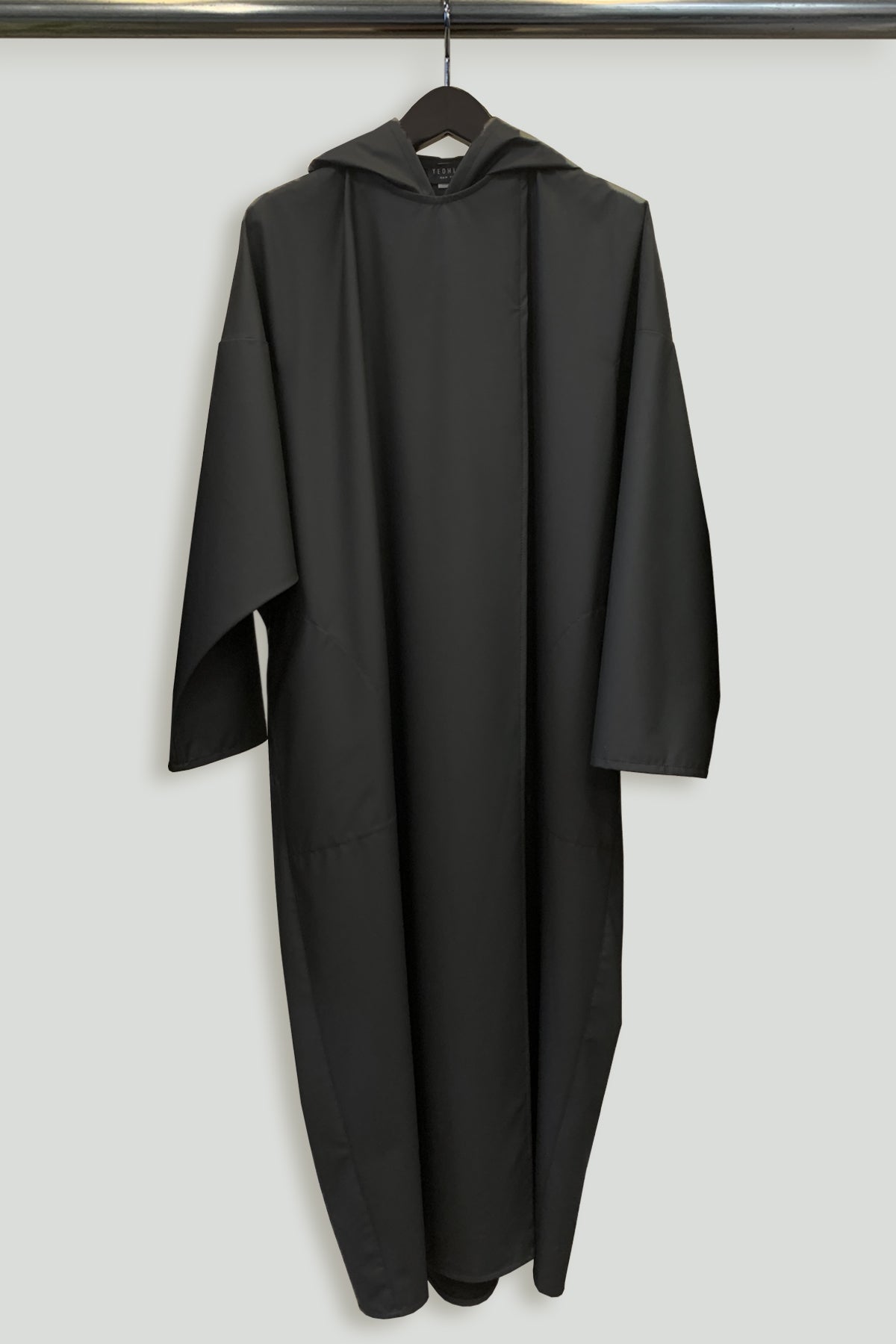 Black Water-Repellent Oversized Hooded Drop Shoulder Long Raincoat-Hanger