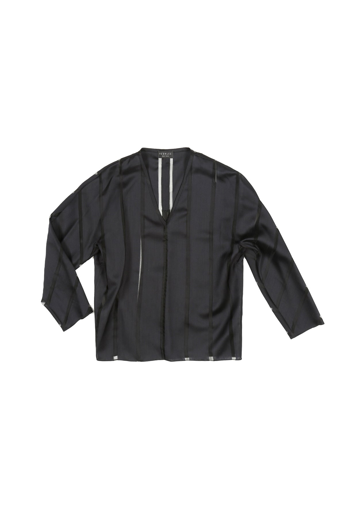 Silk and Wool Blend Limited Edition Navy V Neck Gusset Top with Vertical Sheer Stripes