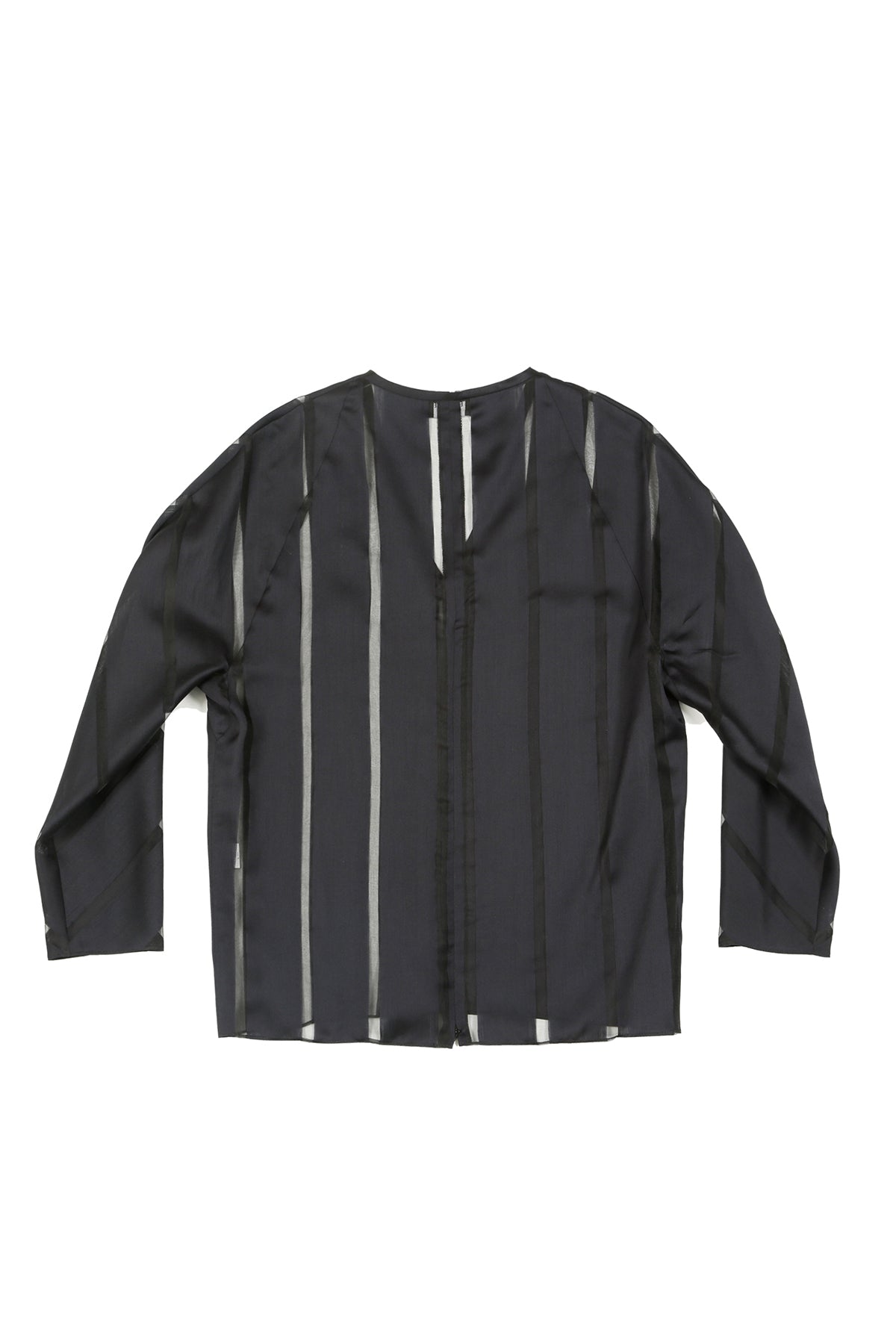 Silk and Wool Blend Limited Edition Navy V Neck Gusset Top with Vertical Sheer Stripes