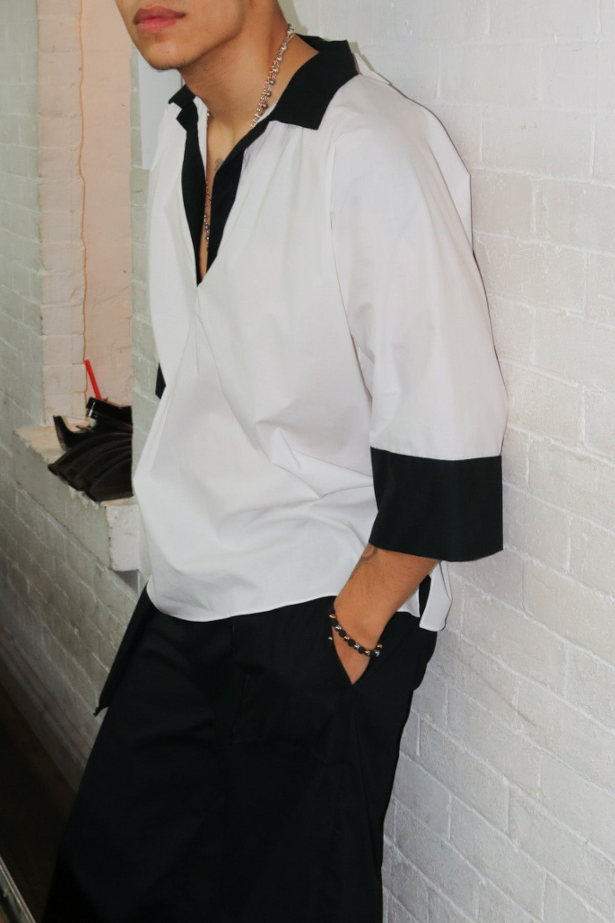Black and White Paper Cotton One-Size-Fits-All Zerowaste Henley