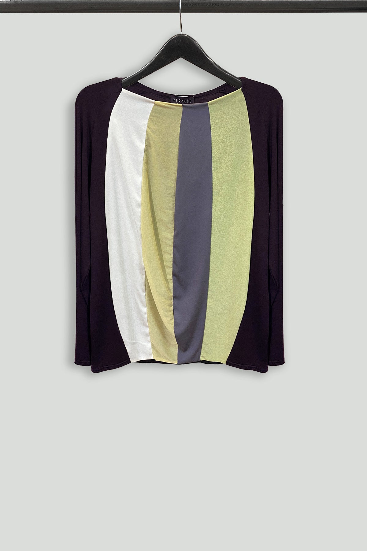 Multicolor Silk and Stretch Jersey Long Sleeve Crescent Crewneck Top