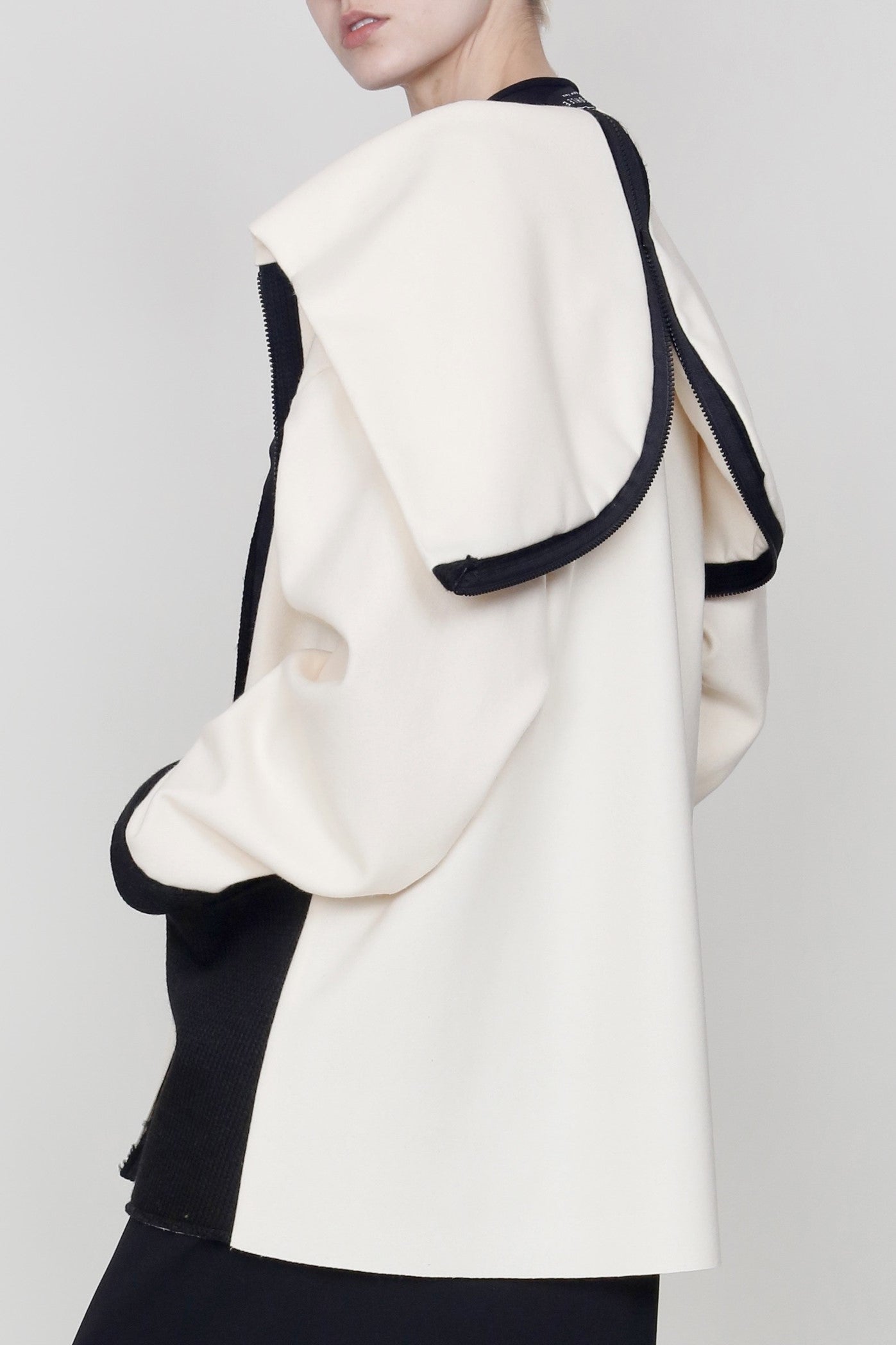 Zip Front Hooded Coat in Cream Wool