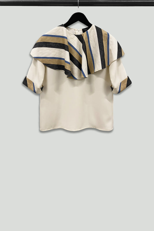 Cream Gabardine Top with Striped Circle Collar