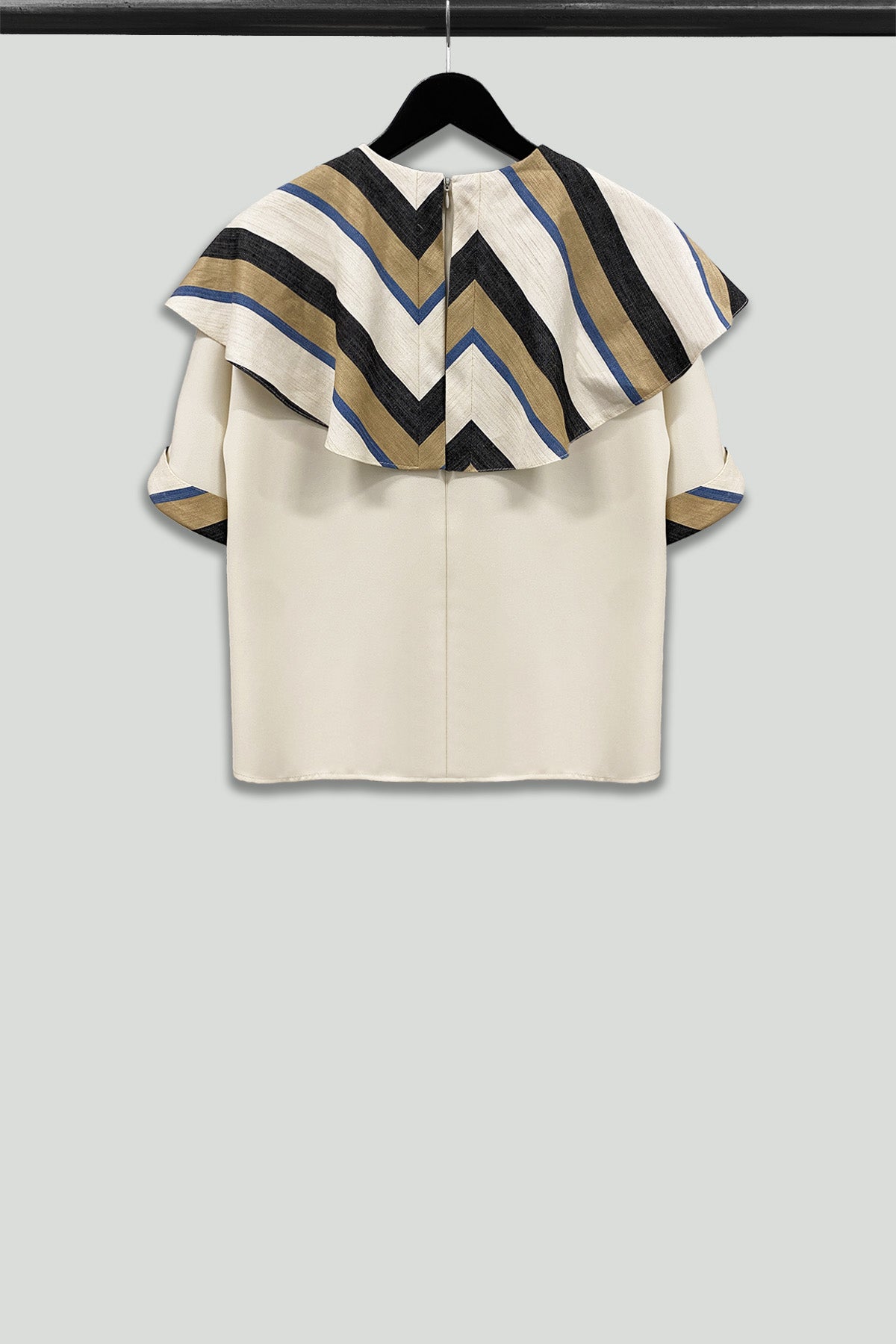 Cream Gabardine Top with Striped Circle Collar