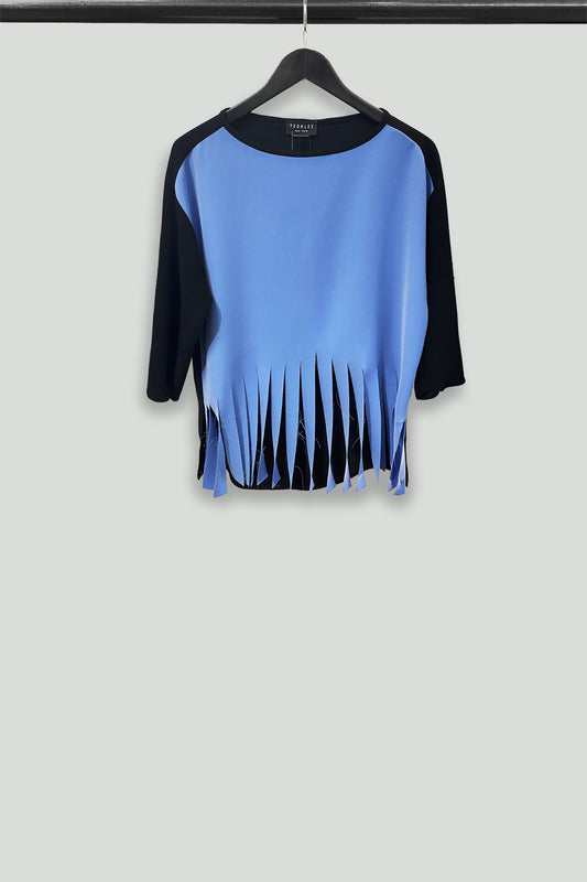 Black and Blue Microfiber Fringe Tunic Top