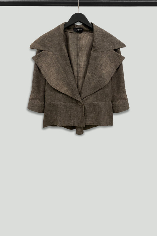 Brown Cotton Jersey Short Jacket with Large Lapel Yoke