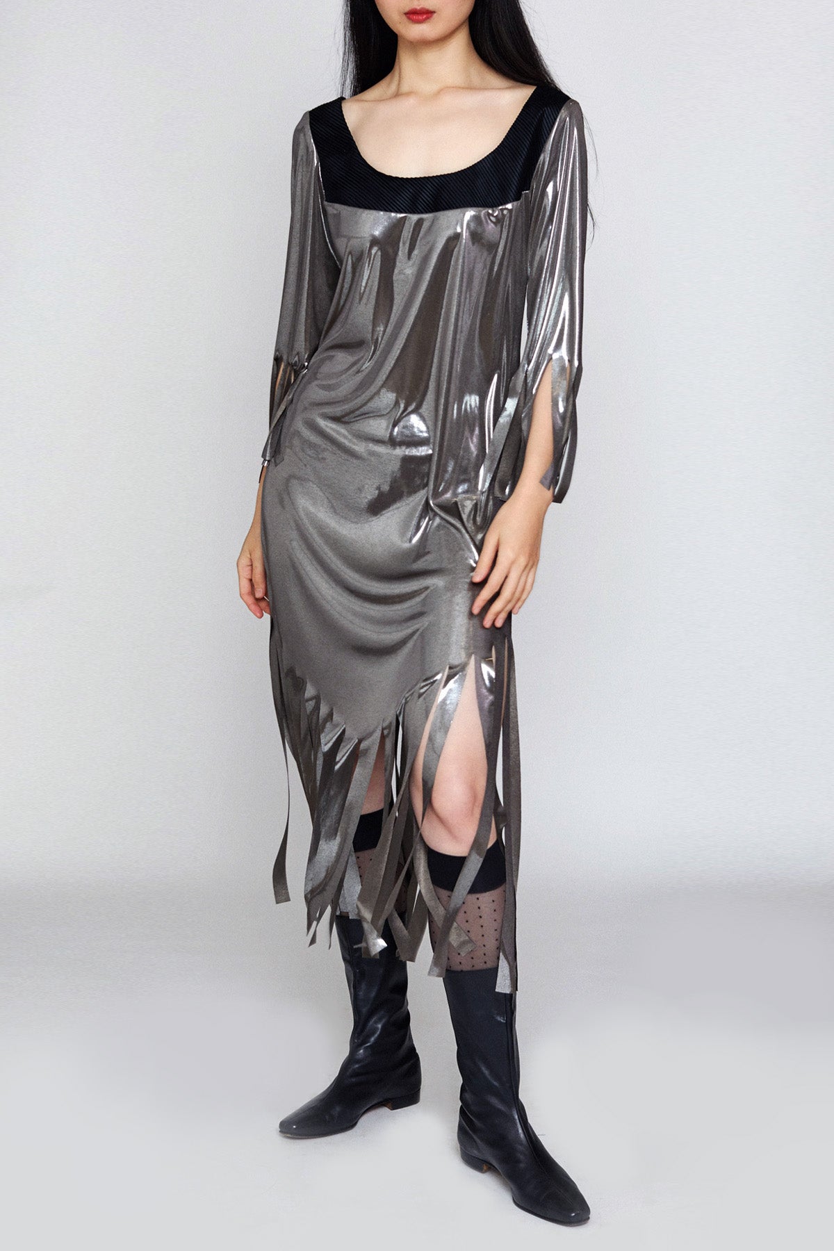 Metallic Mercury Fringe Dress with Black Cut Velvet Yokes