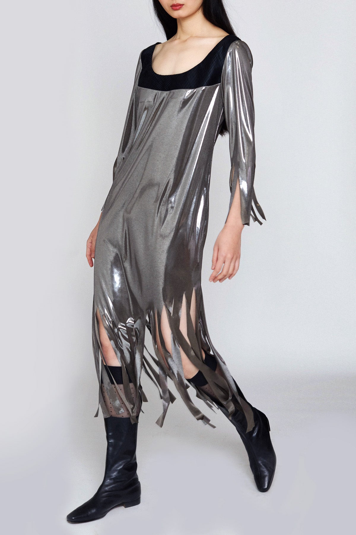 Metallic Mercury Fringe Dress with Black Cut Velvet Yokes