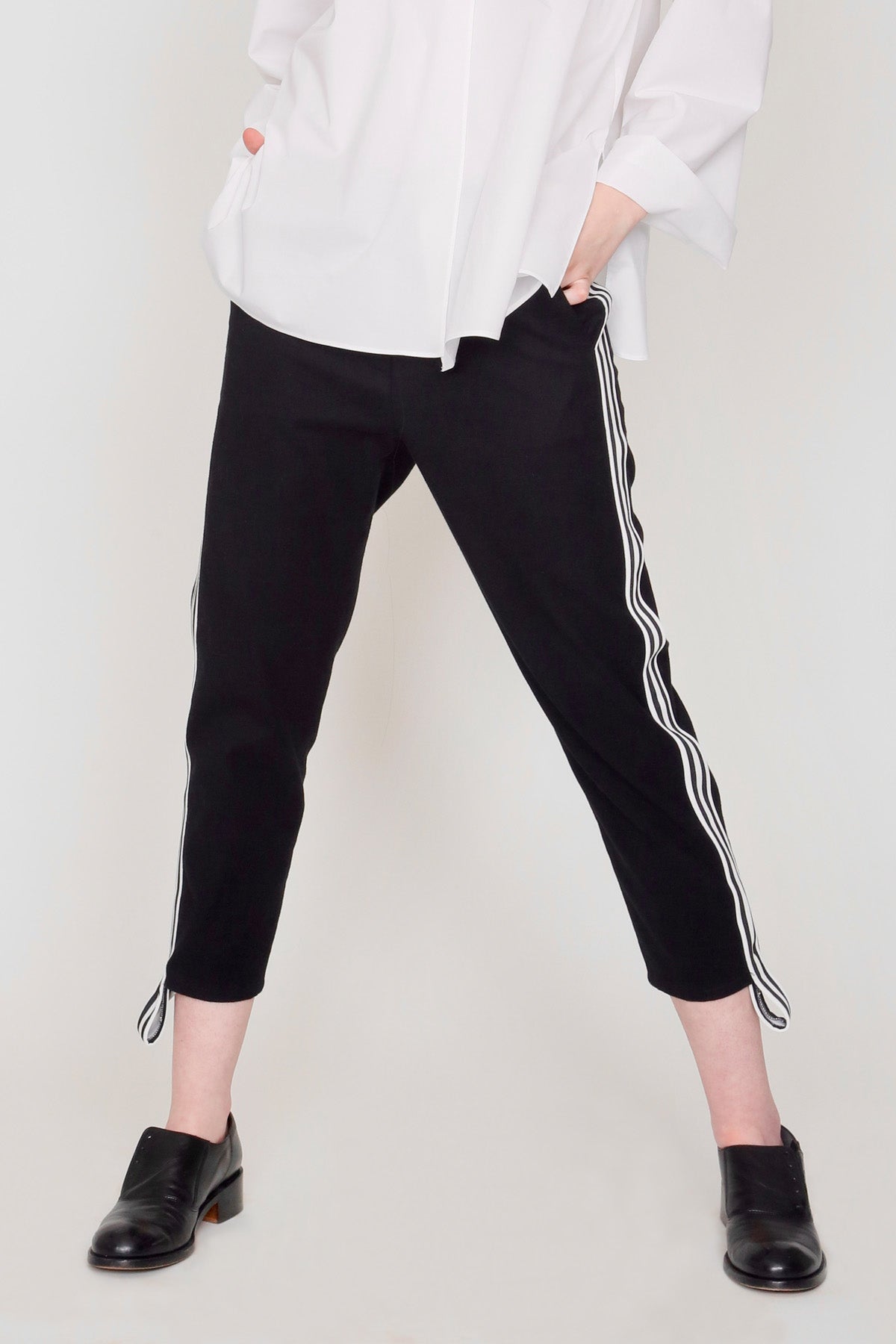 Black Brushed Cotton Track Pant with Black and White Stripe Side Panels