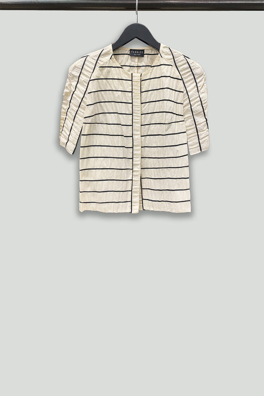 Cream and Black Striped Crinkle Cotton Short Sleeve Shirt