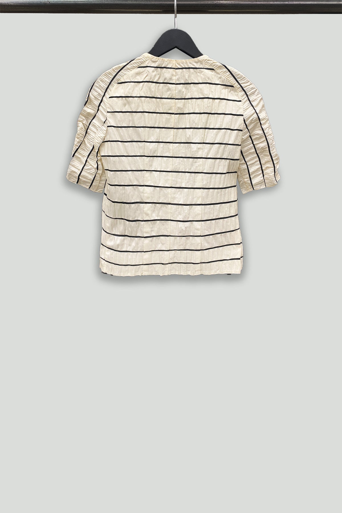 Cream and Black Striped Crinkle Cotton Short Sleeve Shirt