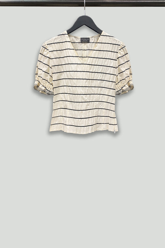 Cream and Black Striped Crinkle Cotton Ruffle Short Sleeve Top