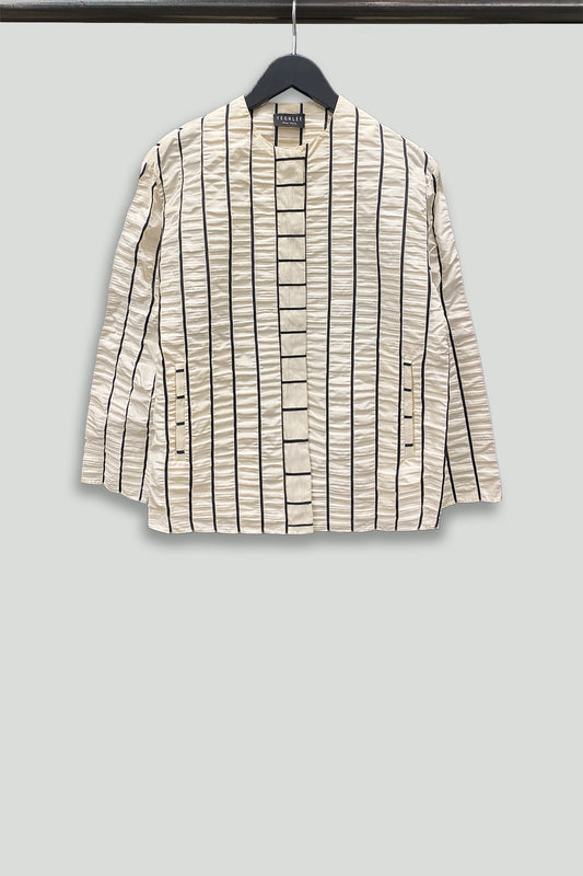 Cream and Black Striped Crinkle Cotton Long Sleeve Shirt
