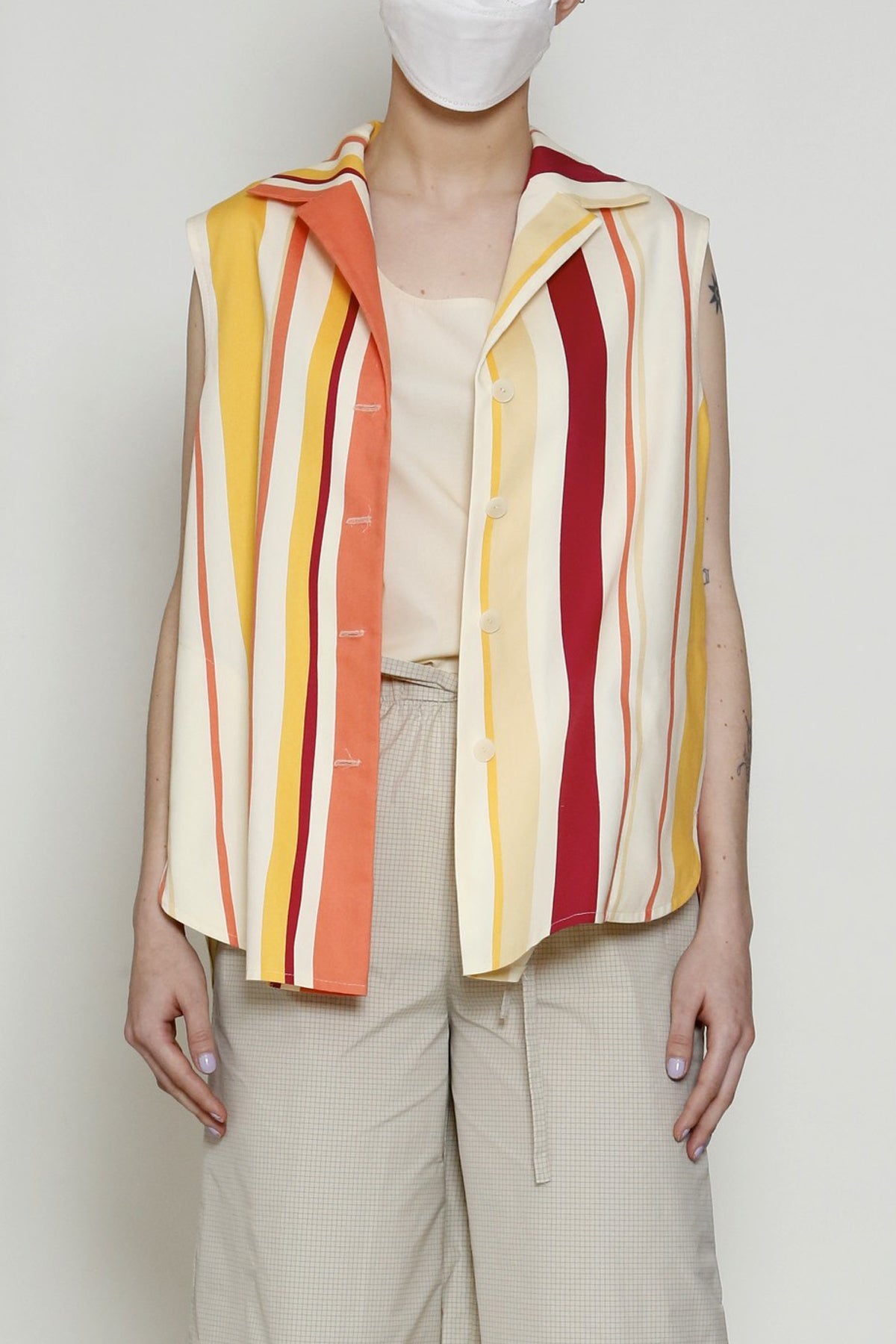 Multi Stripe Cotton Print Sleeveless Shirt with Bellows Back and Pockets