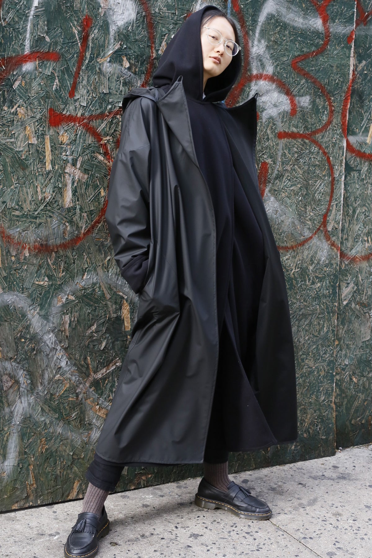 Black Water-Repellent Oversized Hooded Drop Shoulder Long Raincoat-1