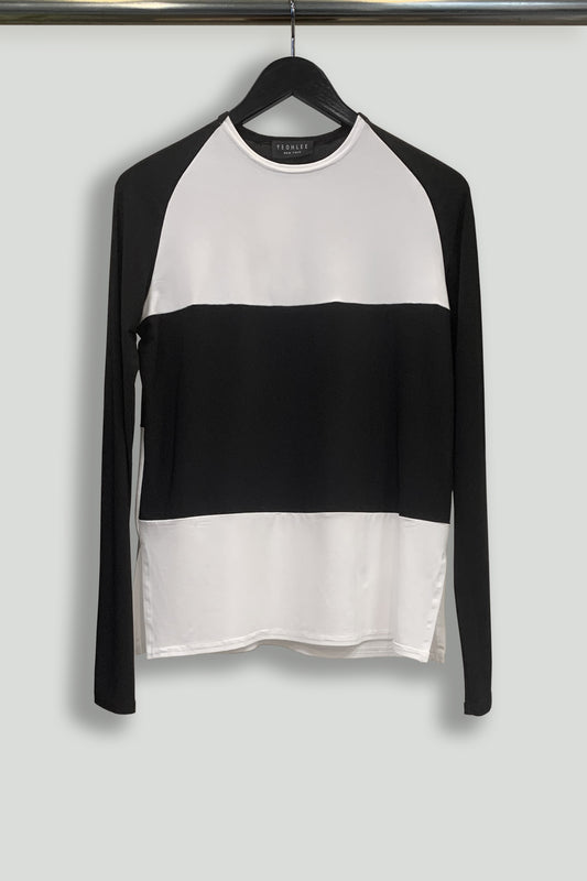 Black and White Knit Jersey Color-Blocked Combo Long Raglan Sleeve Crew - Hanger