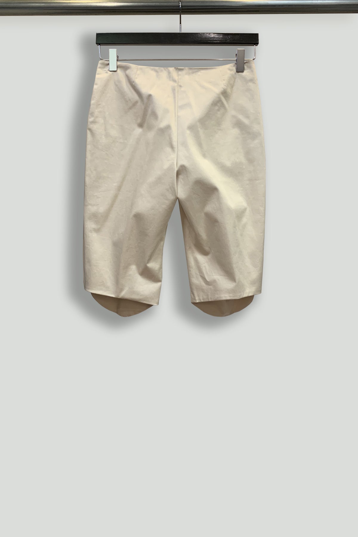 Beige Fly-Front Shorts with Curved Front Hems