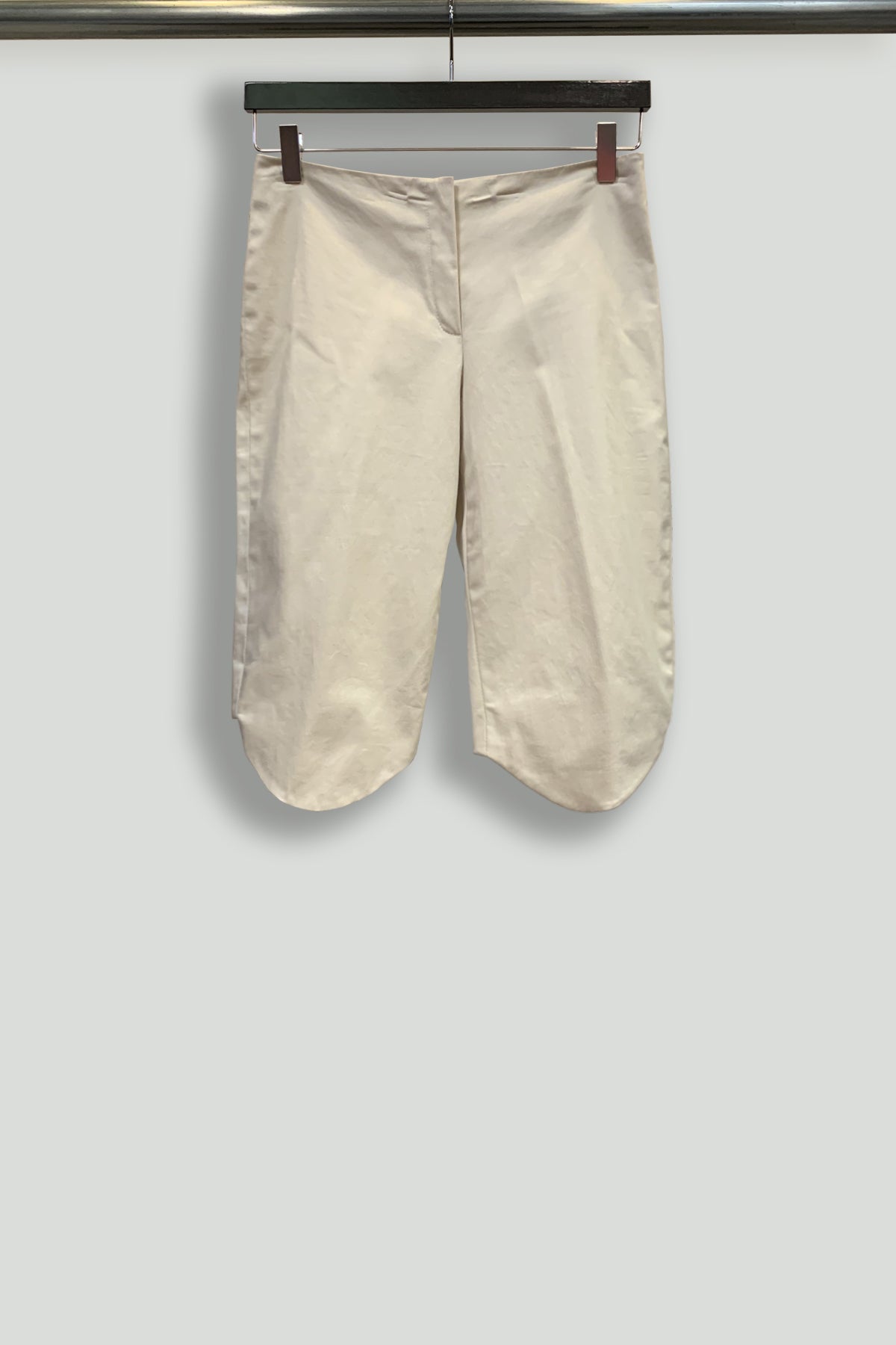 Beige Fly-Front Shorts with Curved Front Hems