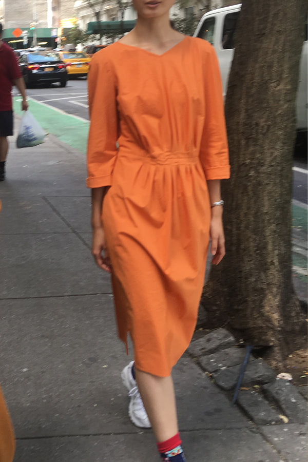 Saffron Orange Cotton Pleat-Front V-Neck Dress