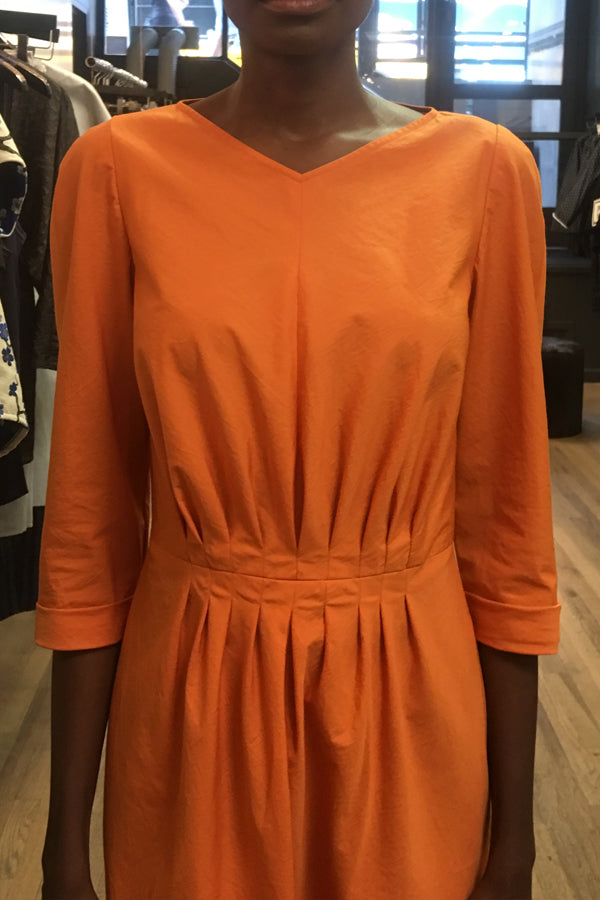Saffron Orange Cotton Pleat-Front V-Neck Dress