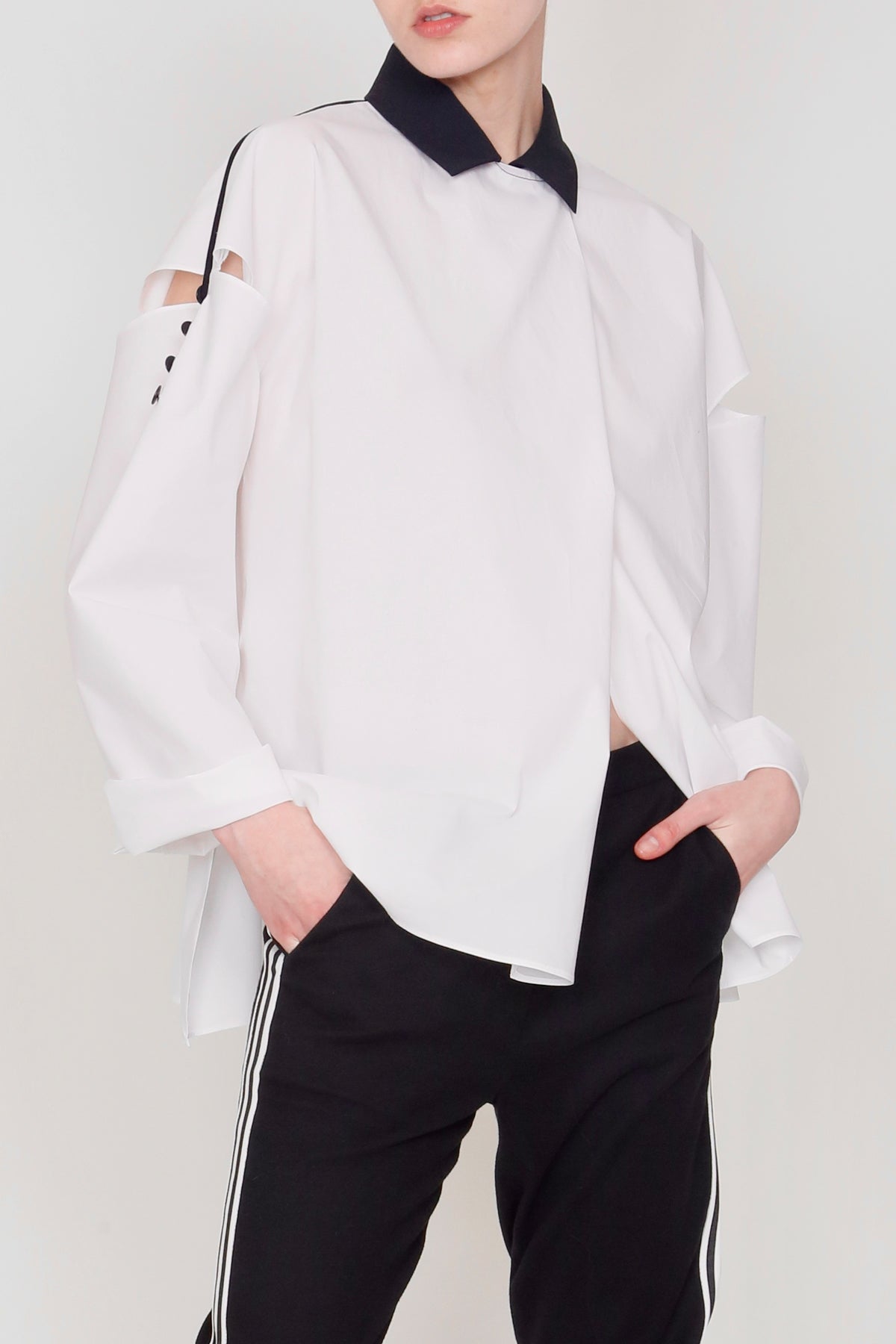 White and Black Paper Cotton Crop Big Shirt with Buttoned Slashed Sleeves-1