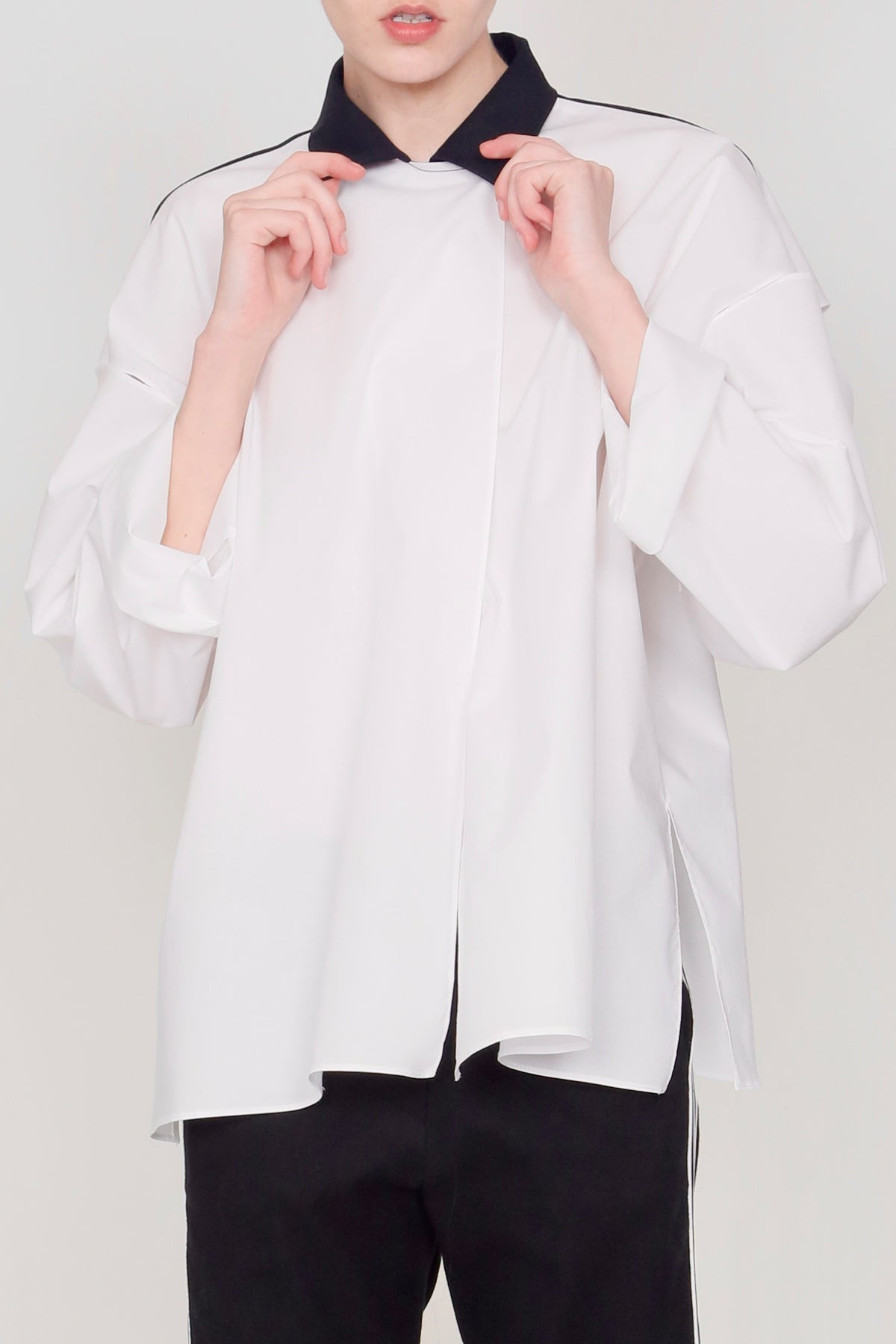 White and Black Paper Cotton Crop Big Shirt with Buttoned Slashed Sleeves-3