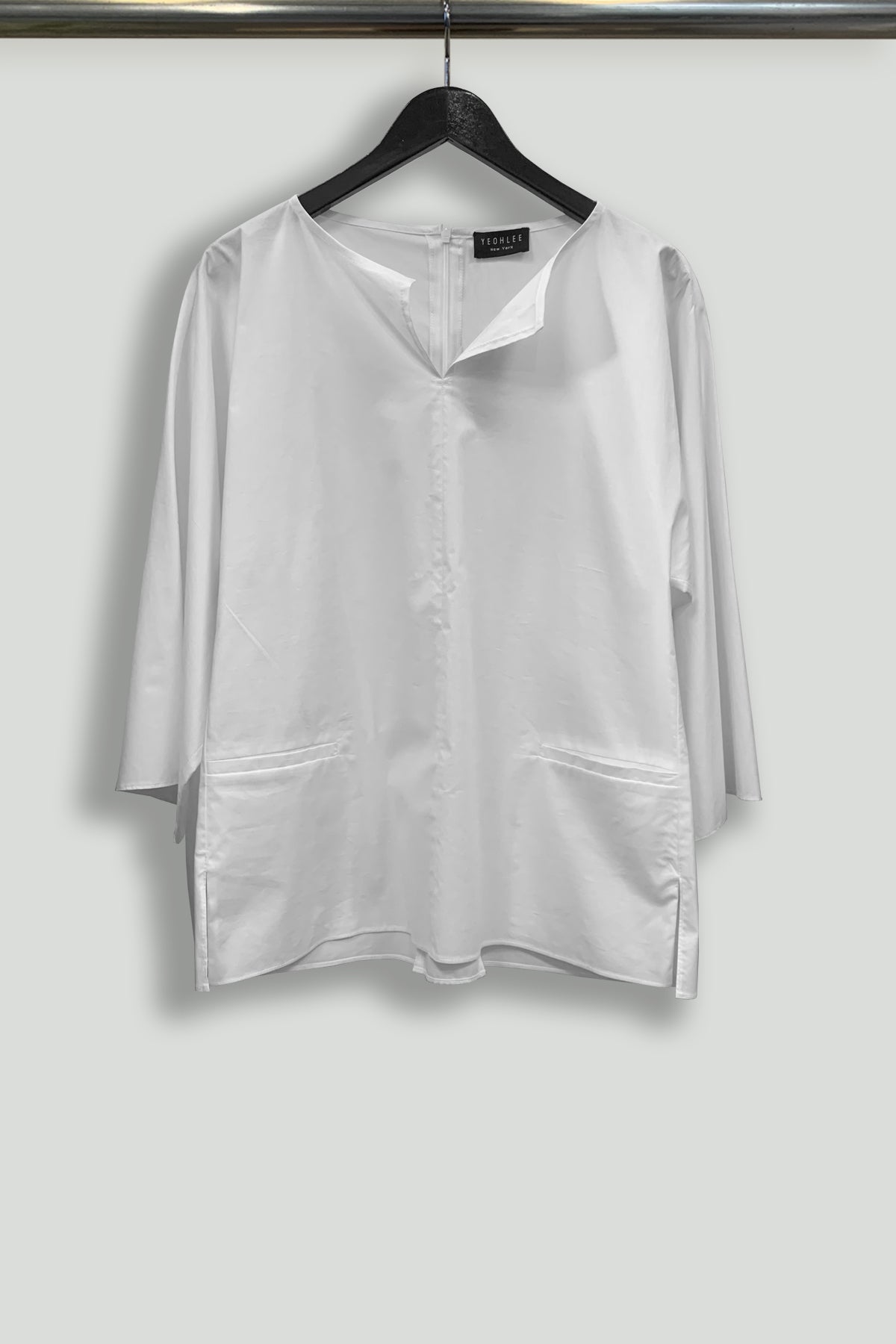 White Back-Zip Long Sleeve Blouse with Welt Pockets