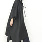 Black Matte Rainwear Zero-Waste Square Hem Hooded Zip Front Cape-3