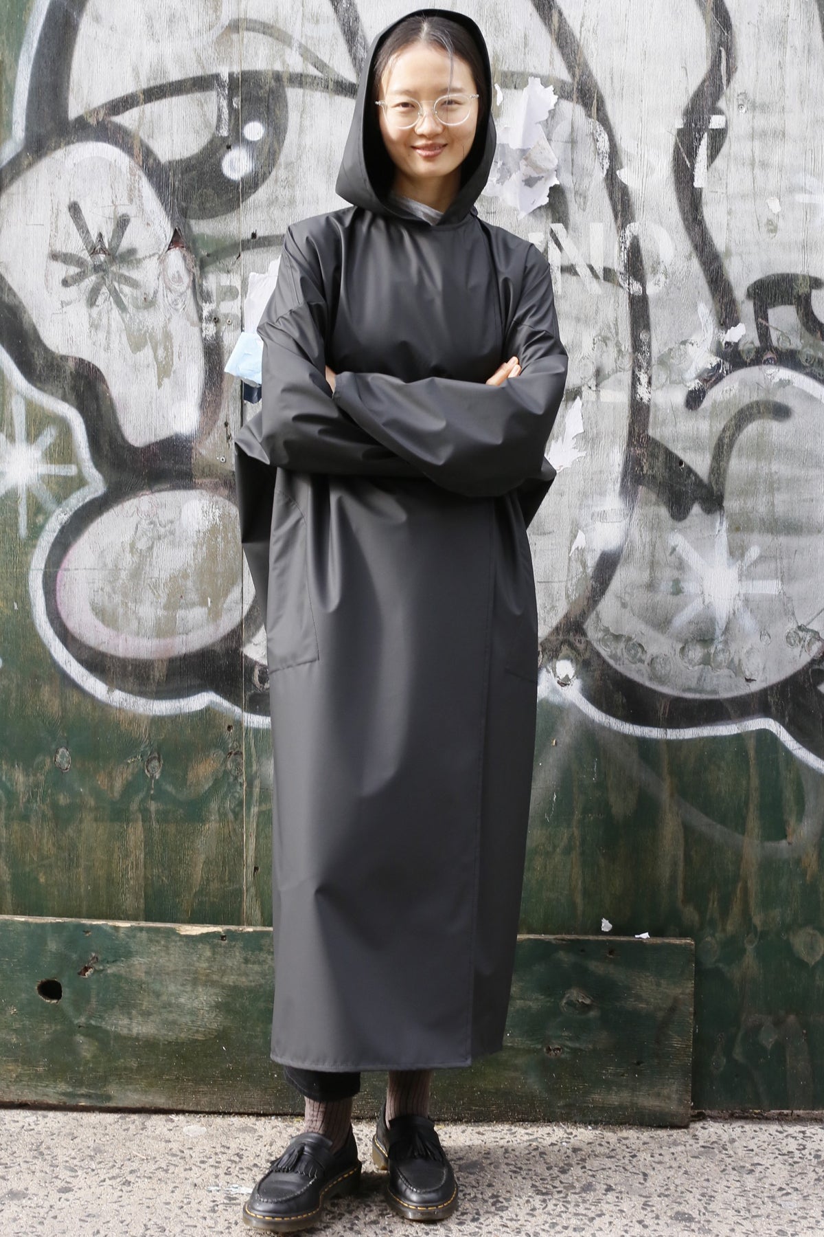 Black Water-Repellent Oversized Hooded Drop Shoulder Long Raincoat-3