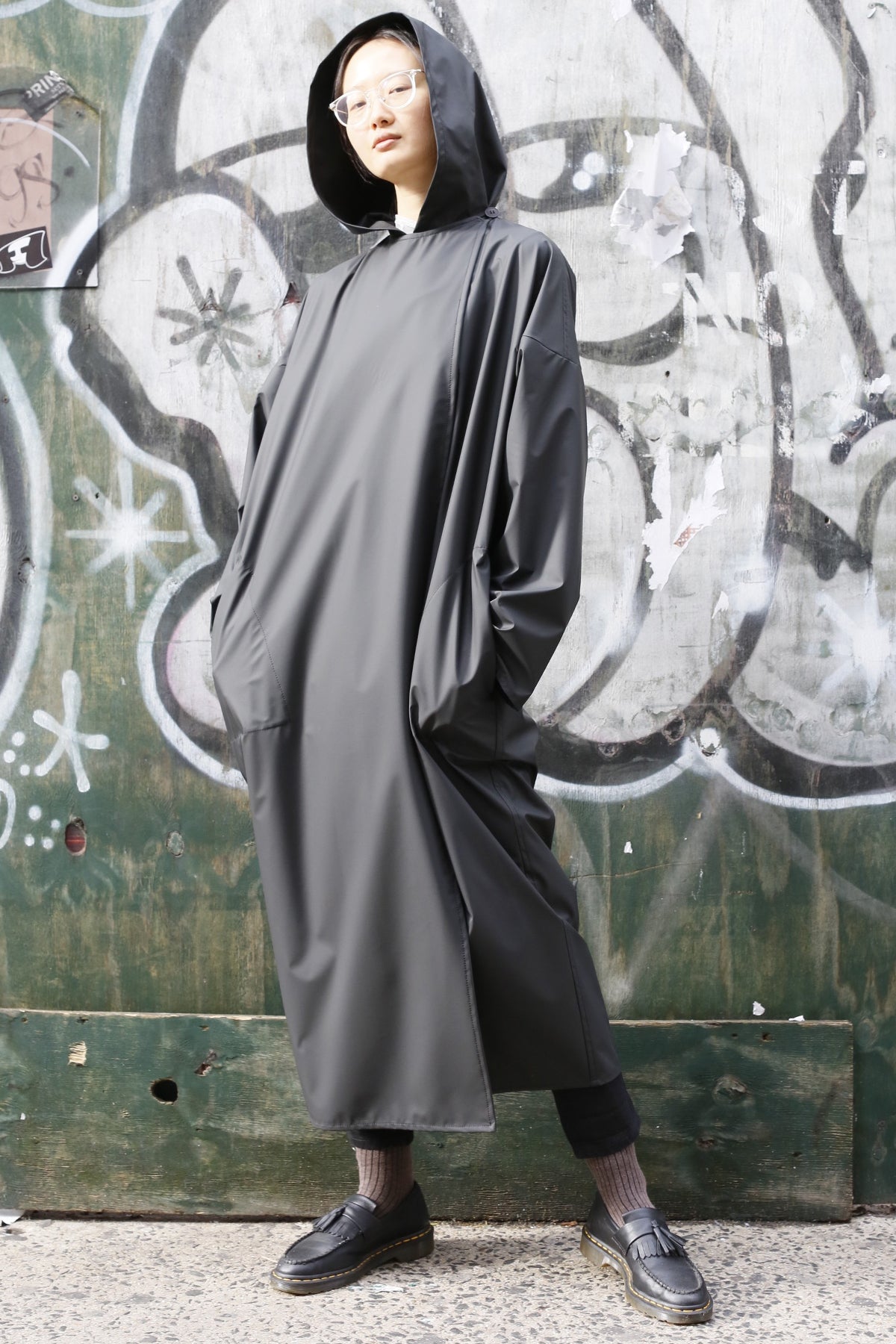 Black Water-Repellent Oversized Hooded Drop Shoulder Long Raincoat-4