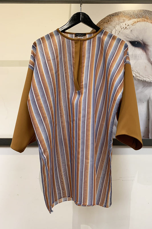 Multicolor Silk Cotton Stripe and Ginger Smart Gab Zero-Waste Malay Shirt