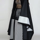Matte Rainwear Zip-Front Hooded Cape with Silver Gunmetal Geometric Trim